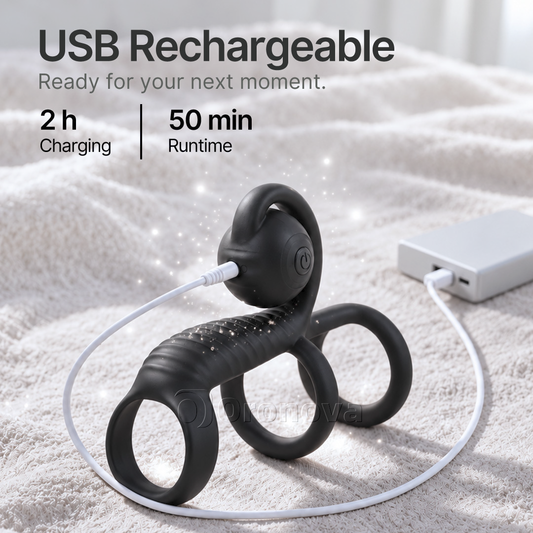 DREI-RING-DESIGN · DUALE VIBRATION · KABELLOSE FERNBEDIENUNG · RUNDER VIBRATIONSKOPF